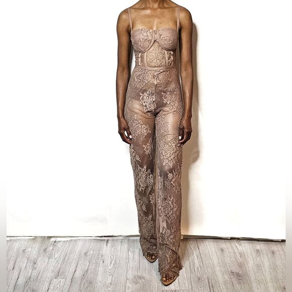 Tan Corset Lace Jumpsuit - Picture 2 of 12